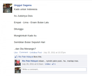 Sindiran saya melalui puisi juga di wall grup Rumah Puisi.. berbulan-bulan tak ada kabar