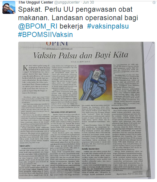 Mantan kepala BPOM juga menulis di Koran, bahwa mereka membutuhkan UU untuk operasional agar dapat bergerak!